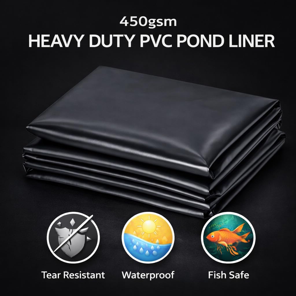 Pond Liner 1 m x 1 m Heavy Duty 450 GSM PVC Garden Pond Liner Sheet - Fish-Safe Waterproof Pond Membrane for Koi Wildlife Water Features, Streams, Waterfalls - Flexible Tear and Puncture Resistant