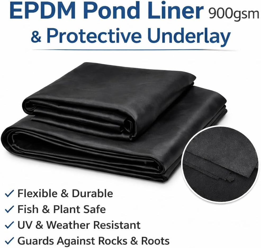 EPDM Pond Liner 2.5m x 3m 900gsm Rubber with 50gsm Black Underlay - Heavy Duty Fish Safe Waterproof Pond Membrane for Garden Ponds, Koi, Wildlife, Water Features, Landscaping - UV and Ozone Resistant