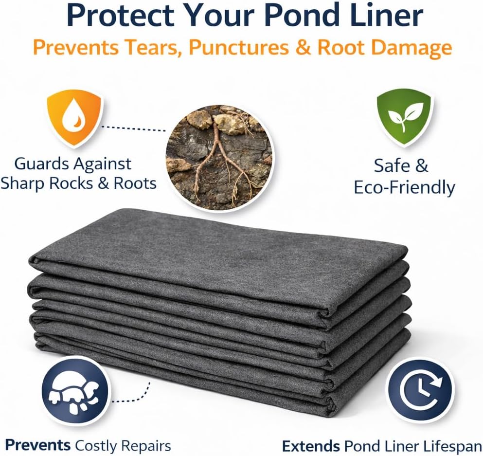 Pond Liner Underlay 3 m x 5 m 50 GSM Geotextile Fabric - Protective Fleece Ground Mat for Garden Ponds - Fits PVC EPDM Rubber Pond Liners - Cushions Against Stones, Roots - Easy Cut and Fit