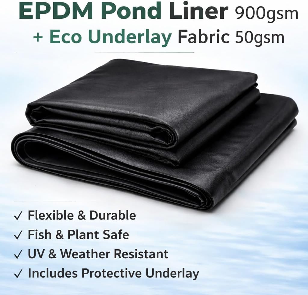 EPDM Pond Liner 2.5m x 3m 900gsm Rubber with 50gsm Black Underlay - Heavy Duty Fish Safe Waterproof Pond Membrane for Garden Ponds, Koi, Wildlife, Water Features, Landscaping - UV and Ozone Resistant