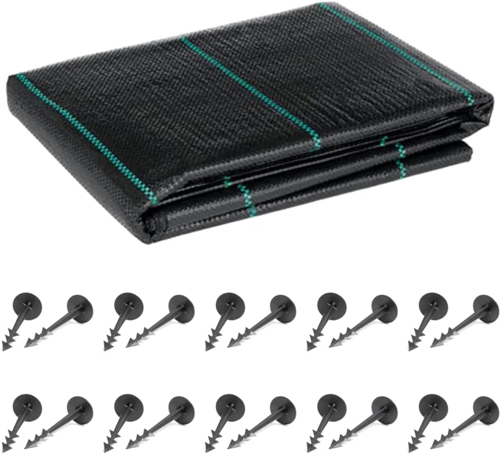 4 x 10 m / 13.1 x 32.8 ft Weed Control Membrane, Weed Control Woven Fabric, Ground Cover Sheet, 100 GSM, UV Stabilised, Weed Barrier Mat for Gardens, Patios, Flower Beds, Landscaping (Black) + 20 Pegs
