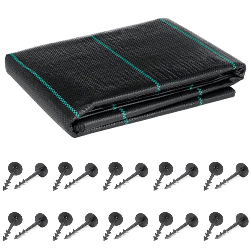 4 x 10 m / 13.1 x 32.8 ft Weed Control Membrane, Weed Control Woven Fabric, Ground Cover Sheet, 100 GSM, UV Stabilised, Weed Barrier Mat for Gardens, Patios, Flower Beds, Landscaping (Black) + 20 Pegs
