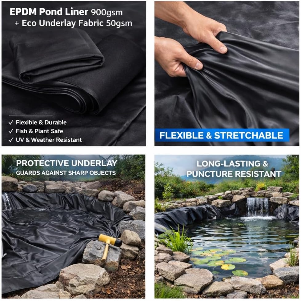 EPDM Pond Liner 2.5m x 3m 900gsm Rubber with 50gsm Black Underlay - Heavy Duty Fish Safe Waterproof Pond Membrane for Garden Ponds, Koi, Wildlife, Water Features, Landscaping - UV and Ozone Resistant