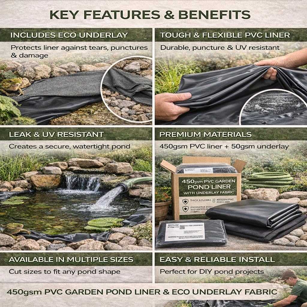 Pond Liner and Underlay Set 5 m x 6 m - Heavy Duty Waterproof 450 GSM PVC Pond Lining Sheet with 50 GSM Underlay Fabric for Garden Ponds, Koi and Wildlife - Flexible Tear and Puncture Resistant