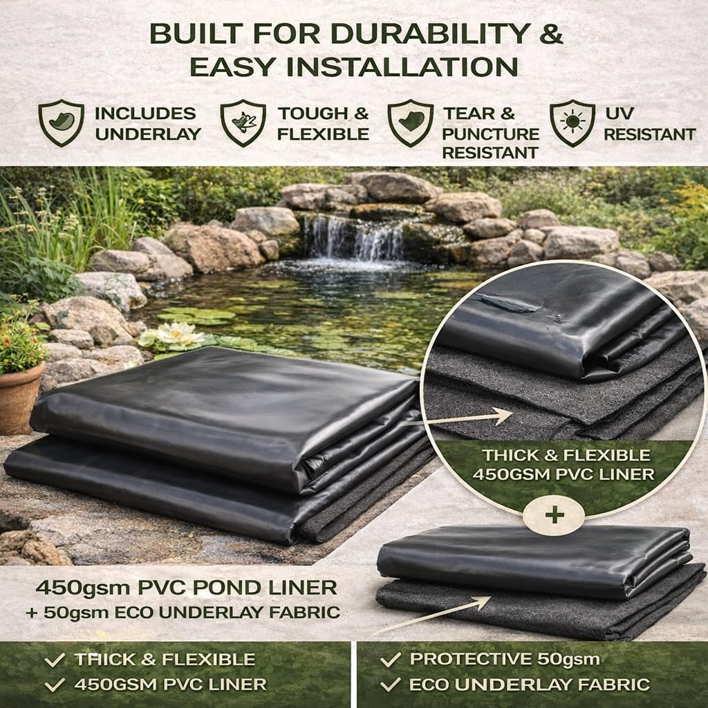 Pond Liner and Underlay Set 5 m x 6 m - Heavy Duty Waterproof 450 GSM PVC Pond Lining Sheet with 50 GSM Underlay Fabric for Garden Ponds, Koi and Wildlife - Flexible Tear and Puncture Resistant