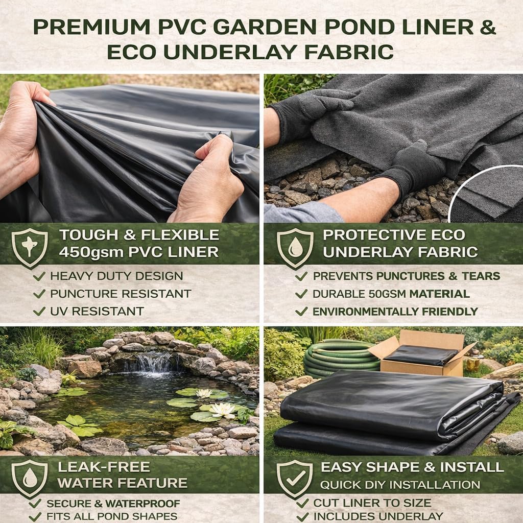 Pond Liner and Underlay Set 5 m x 6 m - Heavy Duty Waterproof 450 GSM PVC Pond Lining Sheet with 50 GSM Underlay Fabric for Garden Ponds, Koi and Wildlife - Flexible Tear and Puncture Resistant