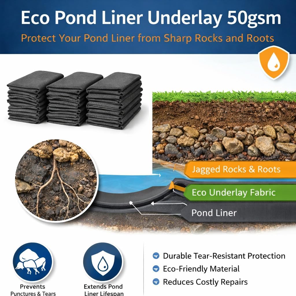 Pond Liner Underlay 3 m x 5 m 50 GSM Geotextile Fabric - Protective Fleece Ground Mat for Garden Ponds - Fits PVC EPDM Rubber Pond Liners - Cushions Against Stones, Roots - Easy Cut and Fit