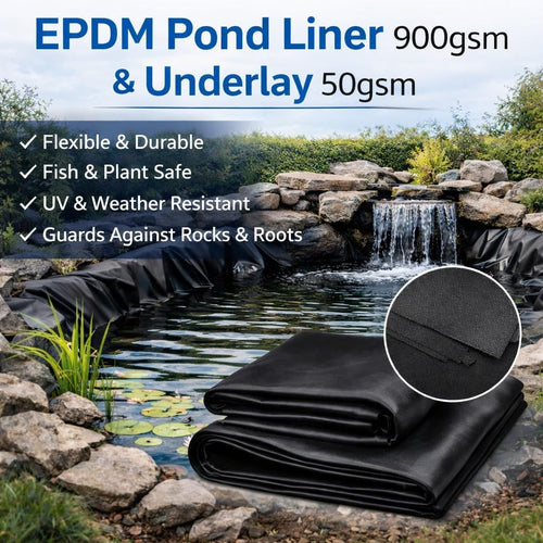 EPDM Pond Liner 2.5m x 3m 900gsm Rubber with 50gsm Black Underlay - Heavy Duty Fish Safe Waterproof Pond Membrane for Garden Ponds, Koi, Wildlife, Water Features, Landscaping - UV and Ozone Resistant