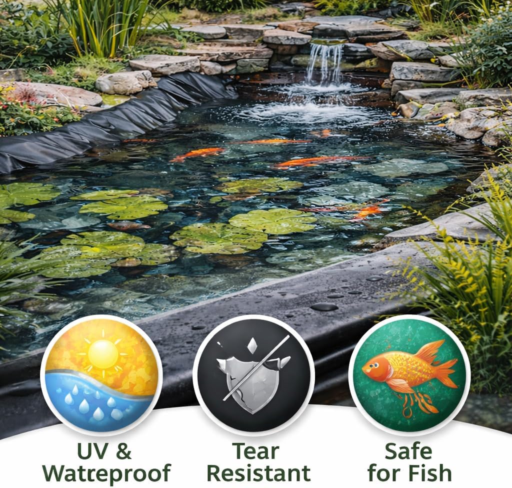 Pond Liner 1 m x 1 m Heavy Duty 450 GSM PVC Garden Pond Liner Sheet - Fish-Safe Waterproof Pond Membrane for Koi Wildlife Water Features, Streams, Waterfalls - Flexible Tear and Puncture Resistant