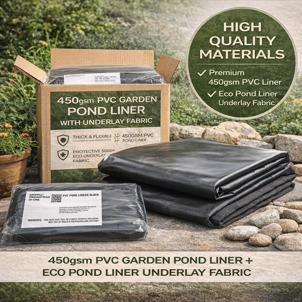 Pond Liner and Underlay Set 5 m x 6 m - Heavy Duty Waterproof 450 GSM PVC Pond Lining Sheet with 50 GSM Underlay Fabric for Garden Ponds, Koi and Wildlife - Flexible Tear and Puncture Resistant