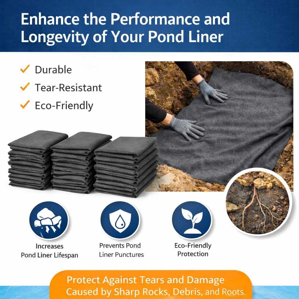 Pond Liner Underlay 3 m x 5 m 50 GSM Geotextile Fabric - Protective Fleece Ground Mat for Garden Ponds - Fits PVC EPDM Rubber Pond Liners - Cushions Against Stones, Roots - Easy Cut and Fit