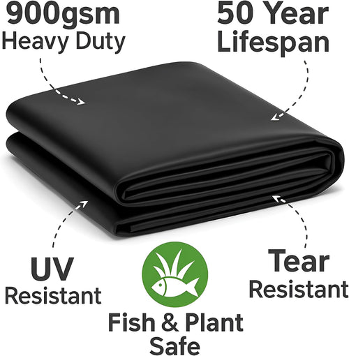 Pond Liner EPDM 2.5m x 2.5m 900 GSM - Flexible Rubber Garden Pond Liner For Koi, Fish, Wildlife Ponds, Waterfalls And Fountains - Heavy Duty Tear Resistant UV Resistant Long Lasting Durable Pond Sheet