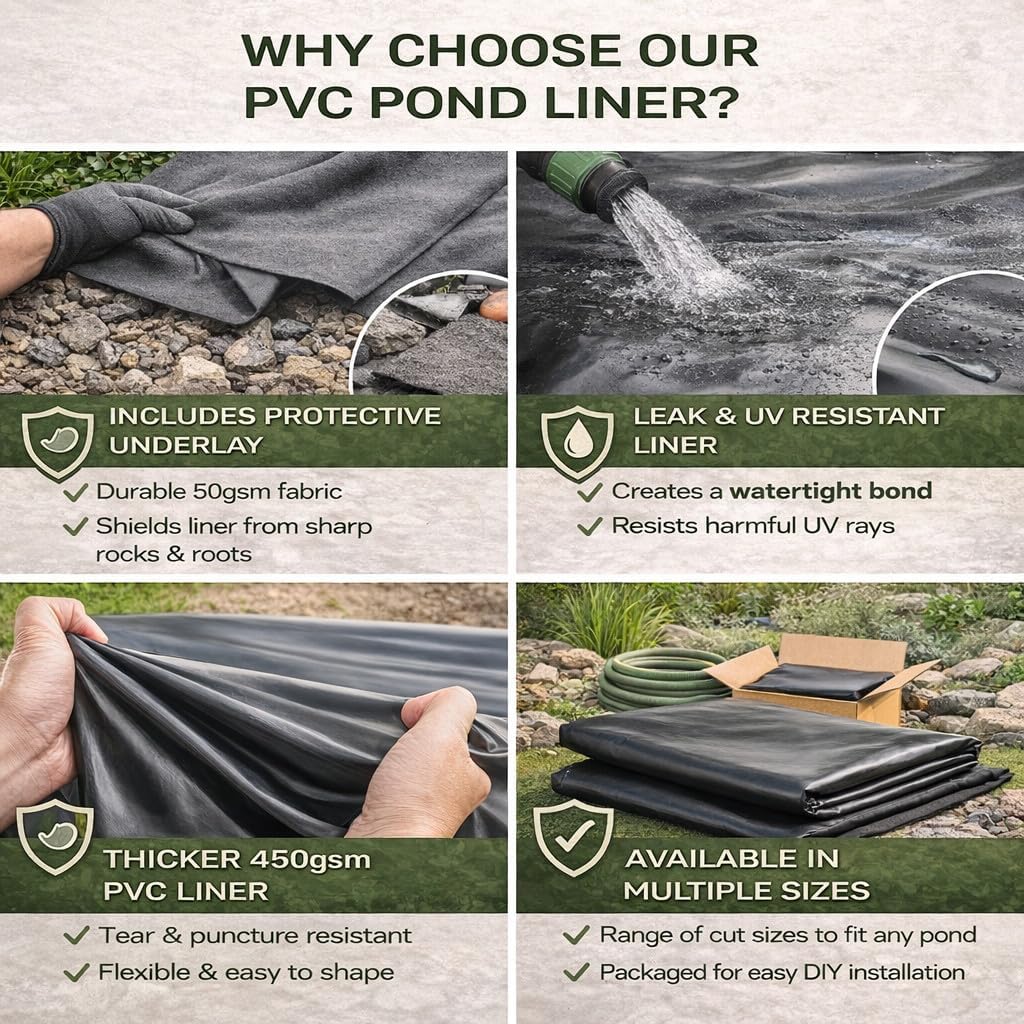 Pond Liner and Underlay Set 5 m x 6 m - Heavy Duty Waterproof 450 GSM PVC Pond Lining Sheet with 50 GSM Underlay Fabric for Garden Ponds, Koi and Wildlife - Flexible Tear and Puncture Resistant
