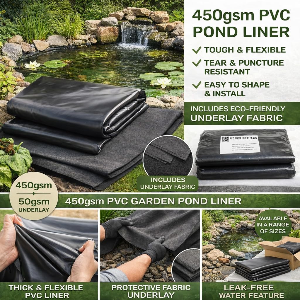 Pond Liner and Underlay Set 5 m x 6 m - Heavy Duty Waterproof 450 GSM PVC Pond Lining Sheet with 50 GSM Underlay Fabric for Garden Ponds, Koi and Wildlife - Flexible Tear and Puncture Resistant