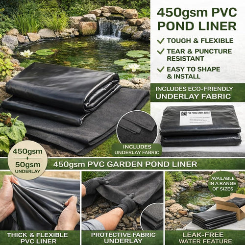 Pond Liner and Underlay Set 5 m x 6 m - Heavy Duty Waterproof 450 GSM PVC Pond Lining Sheet with 50 GSM Underlay Fabric for Garden Ponds, Koi and Wildlife - Flexible Tear and Puncture Resistant