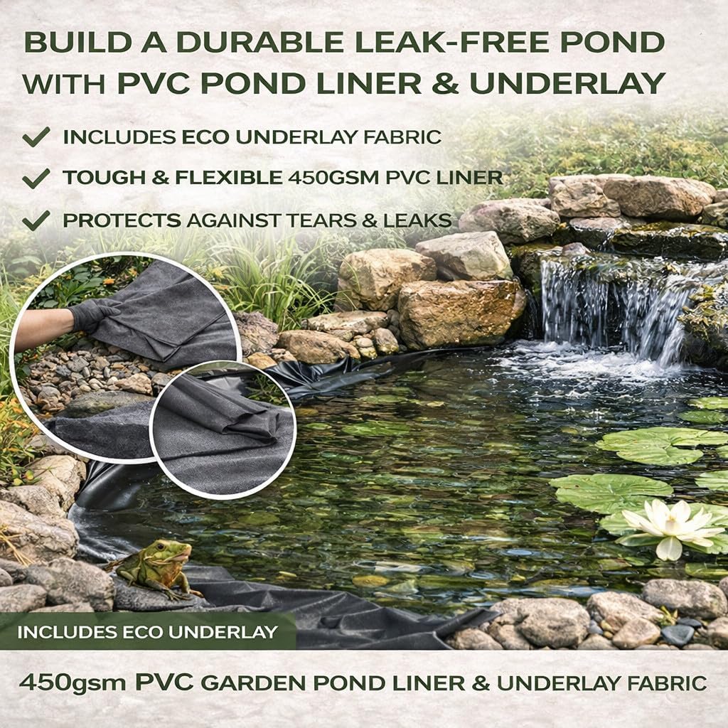 Pond Liner and Underlay Set 5 m x 6 m - Heavy Duty Waterproof 450 GSM PVC Pond Lining Sheet with 50 GSM Underlay Fabric for Garden Ponds, Koi and Wildlife - Flexible Tear and Puncture Resistant