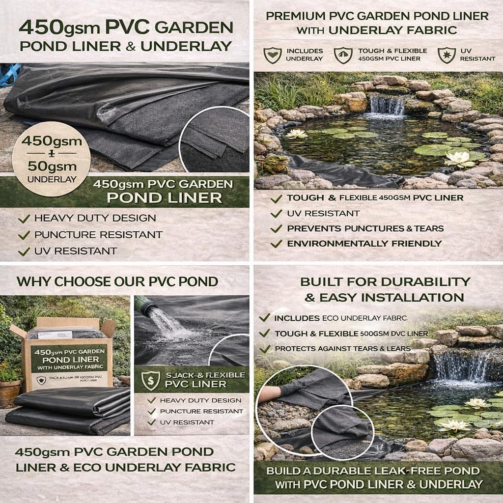 Pond Liner and Underlay Set 5 m x 6 m - Heavy Duty Waterproof 450 GSM PVC Pond Lining Sheet with 50 GSM Underlay Fabric for Garden Ponds, Koi and Wildlife - Flexible Tear and Puncture Resistant