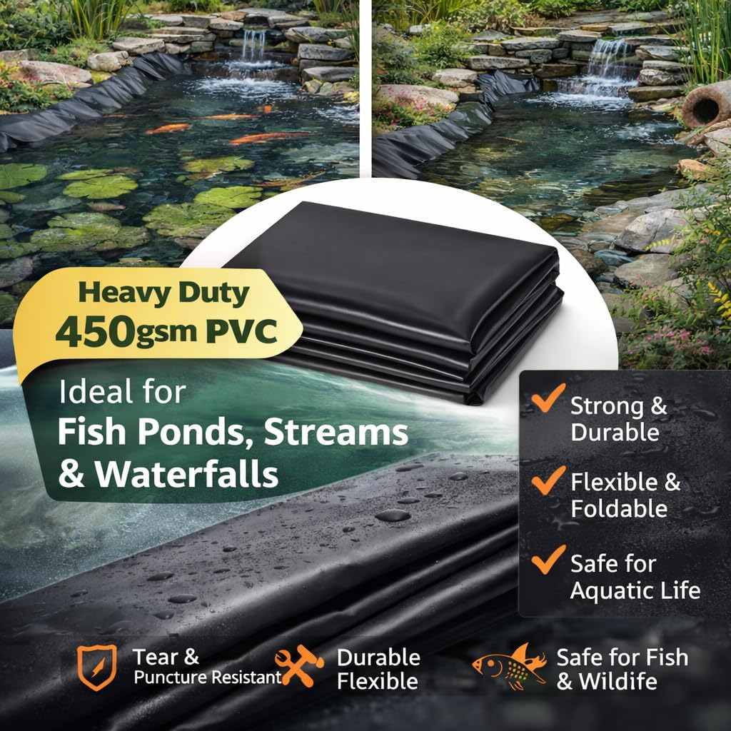 Pond Liner 1 m x 1 m Heavy Duty 450 GSM PVC Garden Pond Liner Sheet - Fish-Safe Waterproof Pond Membrane for Koi Wildlife Water Features, Streams, Waterfalls - Flexible Tear and Puncture Resistant