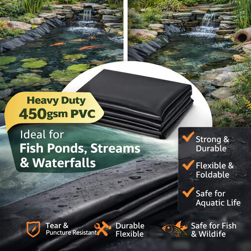 Pond Liner 1 m x 1 m Heavy Duty 450 GSM PVC Garden Pond Liner Sheet - Fish-Safe Waterproof Pond Membrane for Koi Wildlife Water Features, Streams, Waterfalls - Flexible Tear and Puncture Resistant