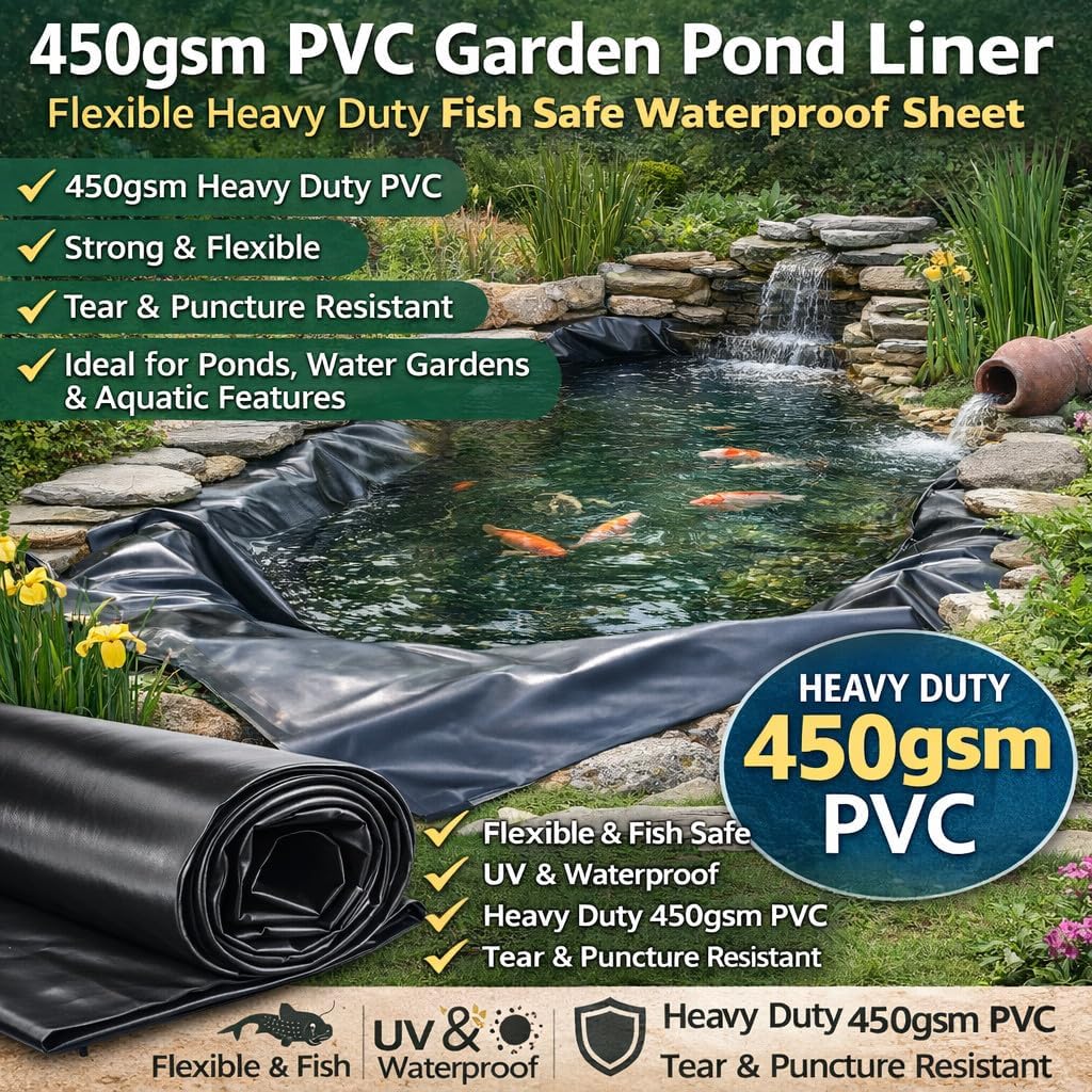 Pond Liner 1 m x 1 m Heavy Duty 450 GSM PVC Garden Pond Liner Sheet - Fish-Safe Waterproof Pond Membrane for Koi Wildlife Water Features, Streams, Waterfalls - Flexible Tear and Puncture Resistant